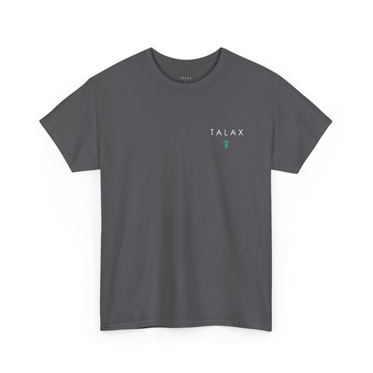 Front view of charcoal TALAX Emblem Tee with small chest logo
