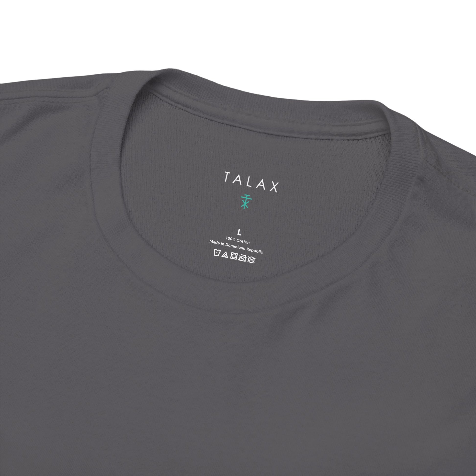 Close-up of TALAX neckline tag and soft cotton texture