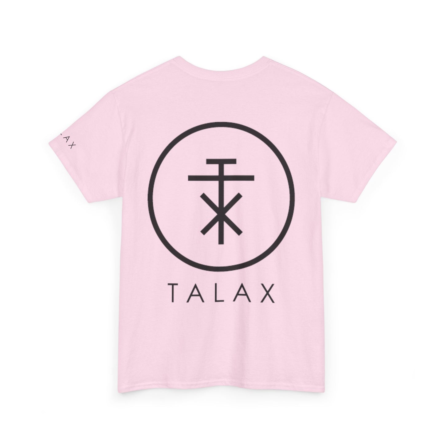 Back view of soft pink TALAX T-shirt featuring large black circle emblem and TALAX logo
