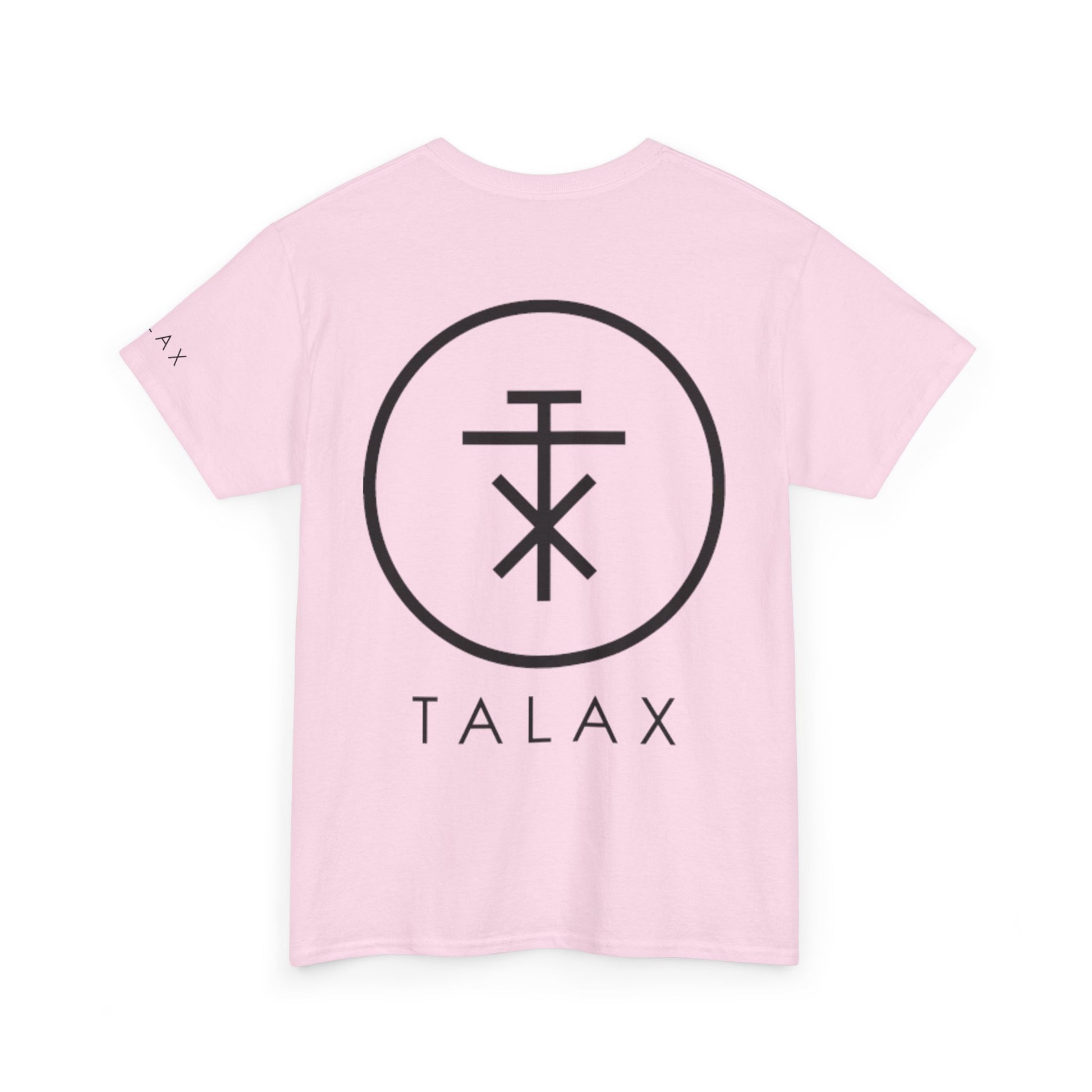 Back view of soft pink TALAX T-shirt featuring large black circle emblem and TALAX logo
