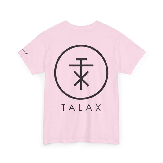 Back view of soft pink TALAX T-shirt featuring large black circle emblem and TALAX logo