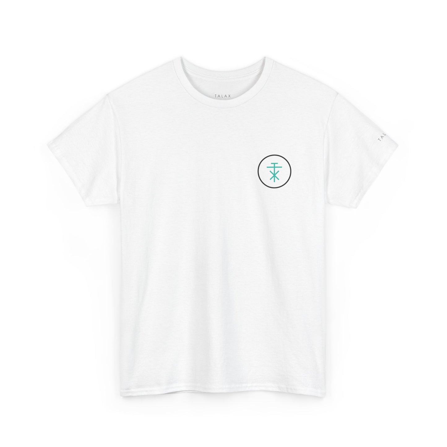 Front view of white TALAX Emblem Circle Tee with minimalist chest print