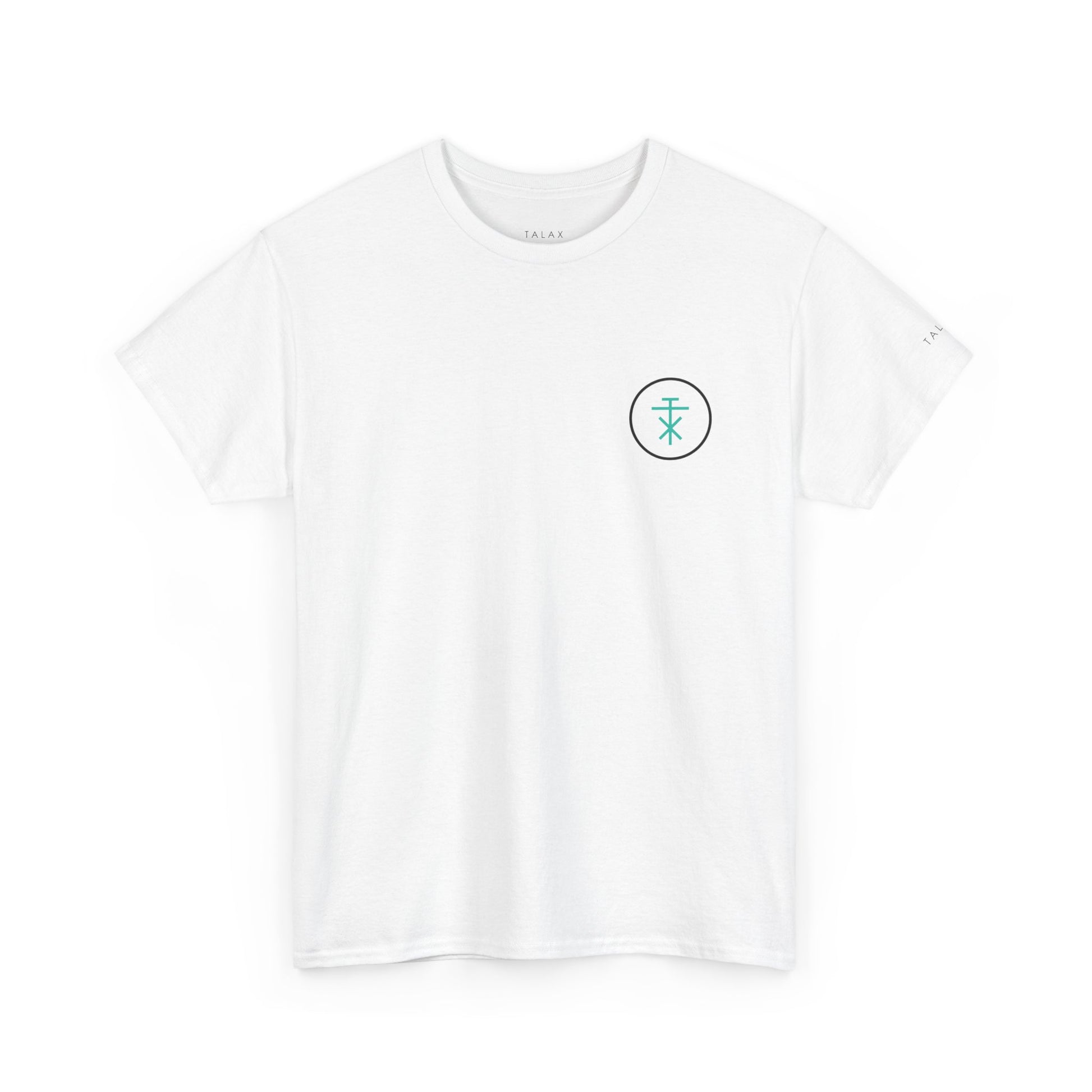 Front view of white TALAX Emblem Circle Tee with minimalist chest print