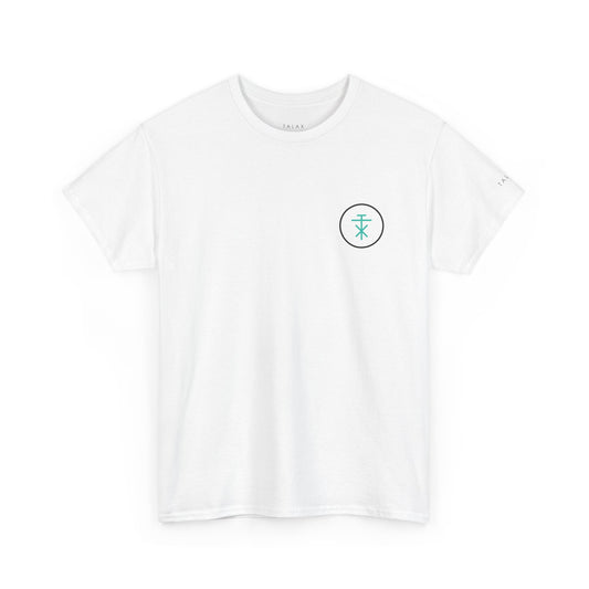 Front view of white TALAX Emblem Circle Tee with minimalist chest print