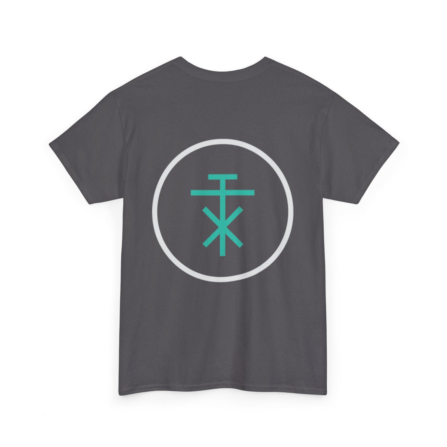 Back view of charcoal TALAX T-shirt showing large teal emblem inside circle