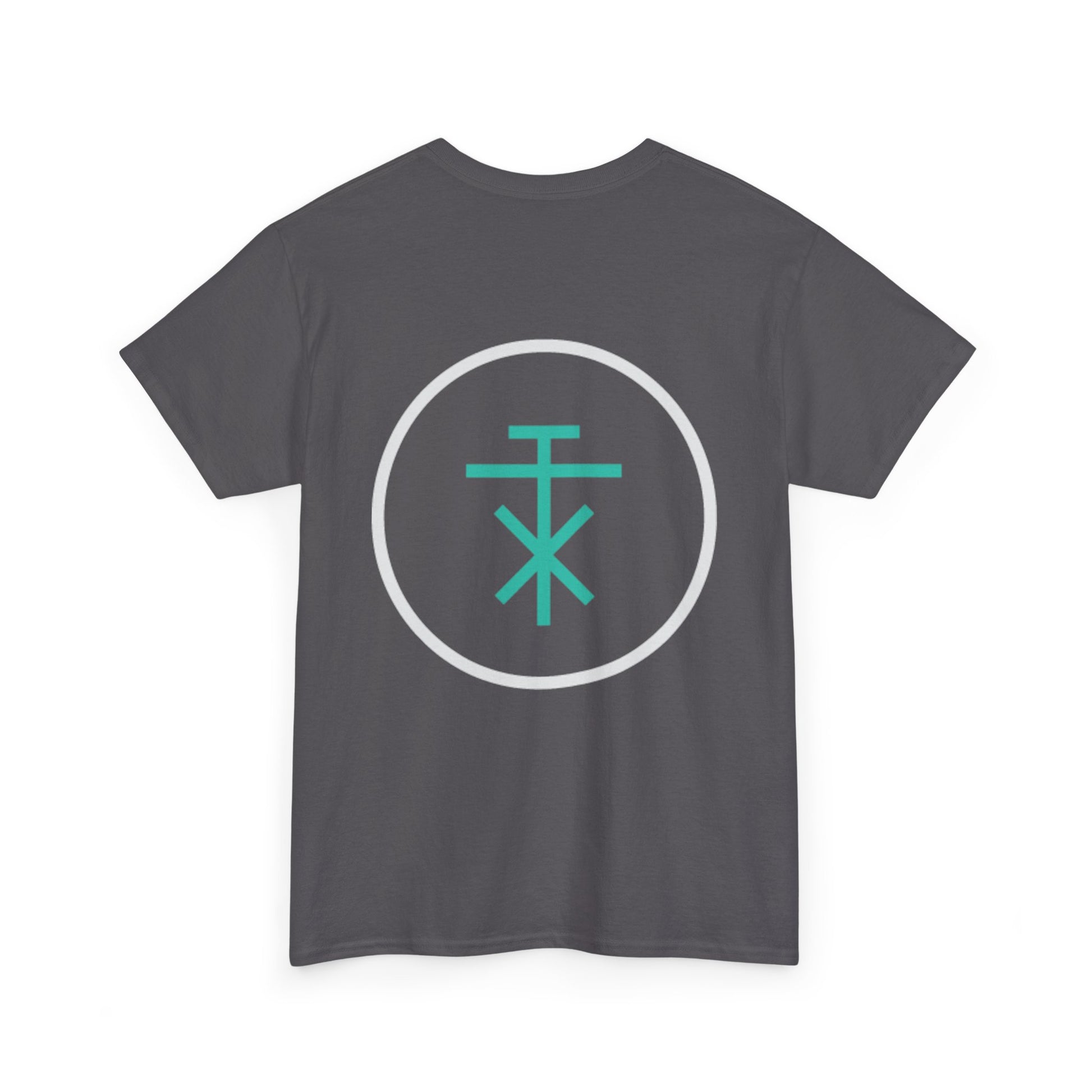 Back view of charcoal TALAX T-shirt showing large teal emblem inside circle