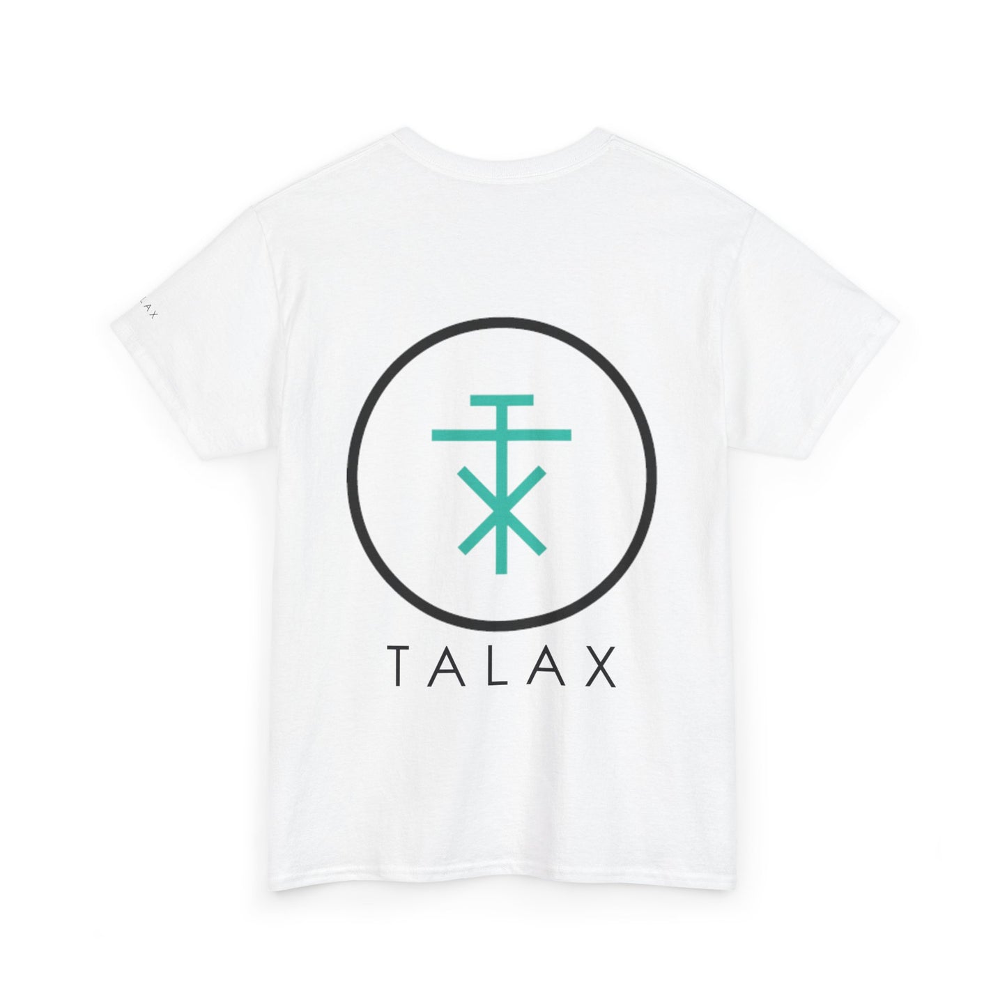 Back view of white TALAX T-shirt featuring large teal emblem and TALAX text