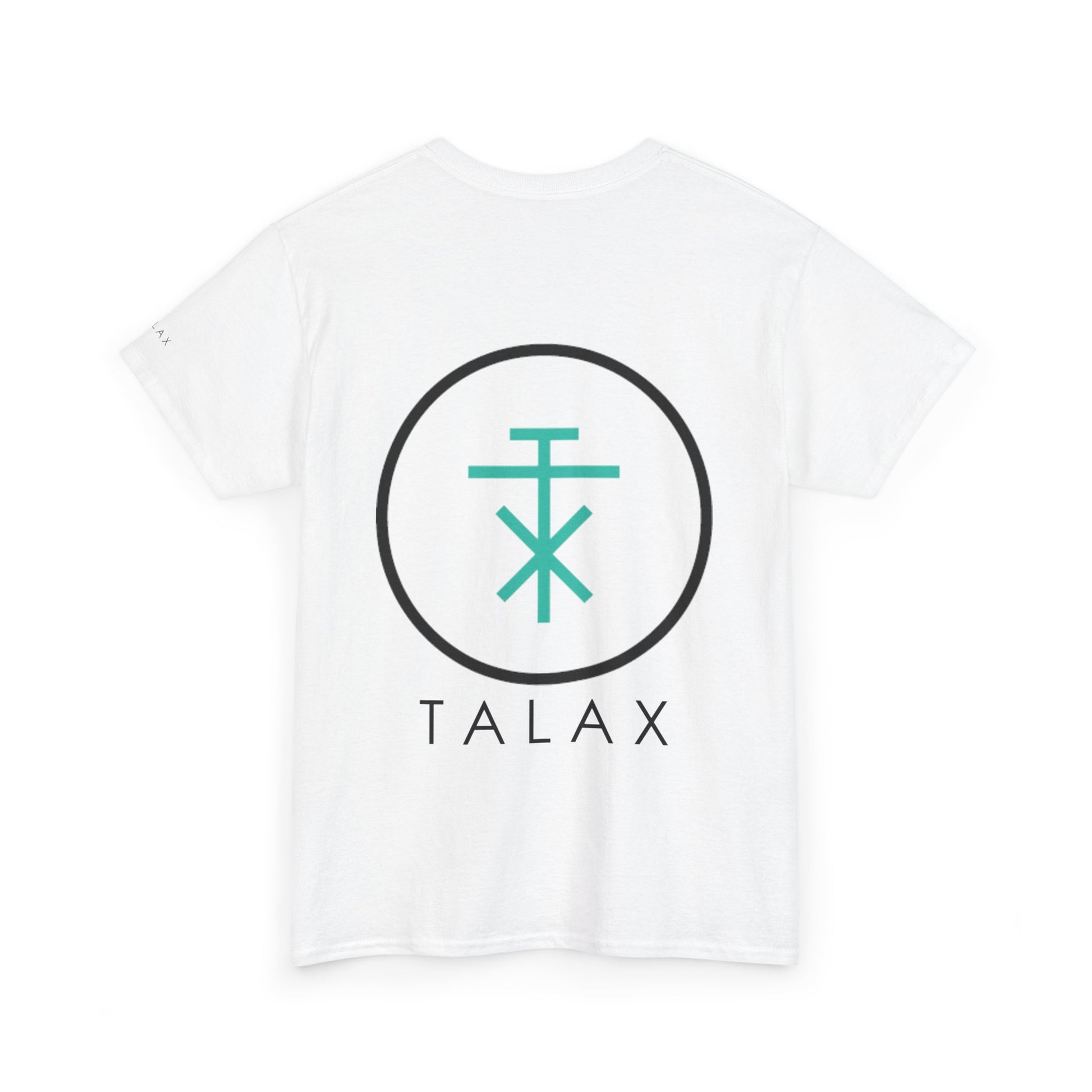 Back view of white TALAX T-shirt featuring large teal emblem and TALAX text
