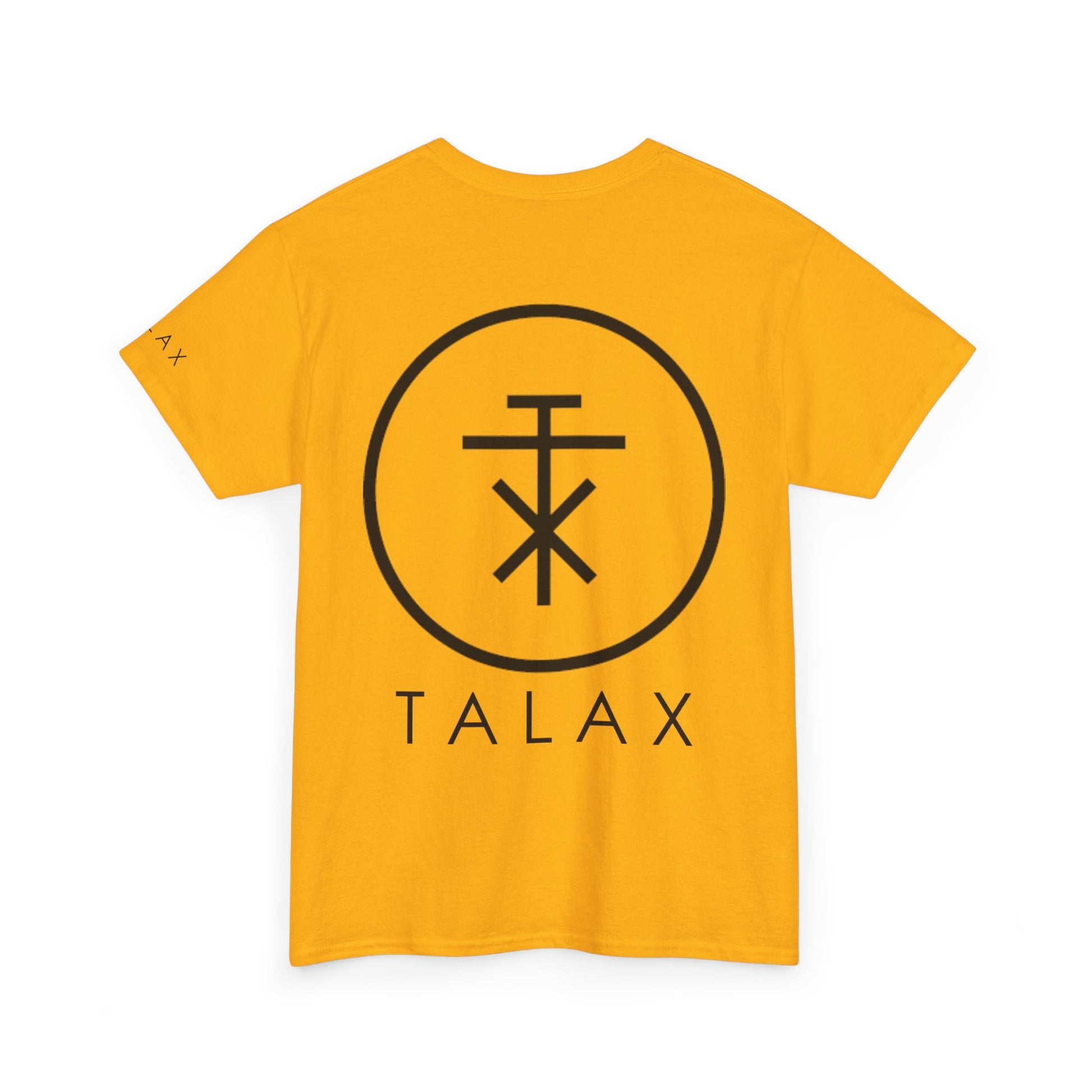 Back view of yellow TALAX T-shirt featuring large black circle emblem and TALAX logo