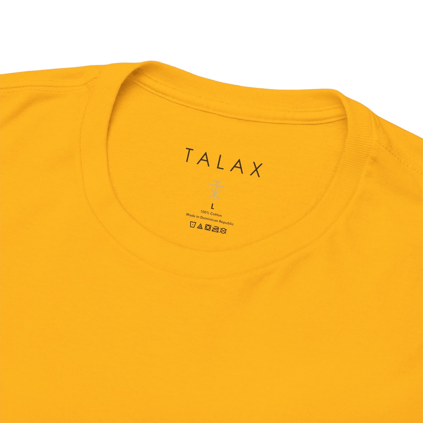 Close-up of TALAX neckline tag and emblem detail