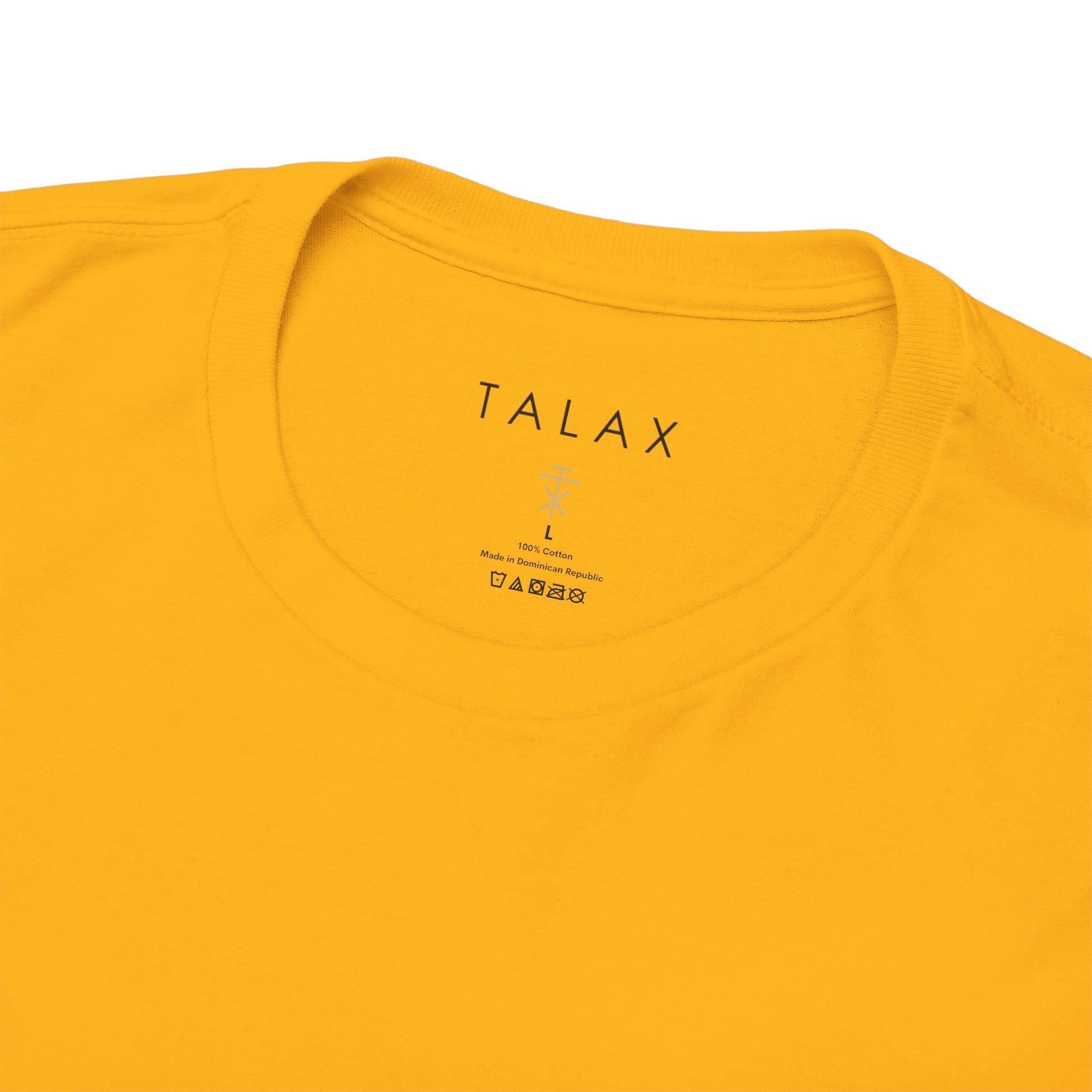 Close-up of TALAX neckline tag and emblem detail