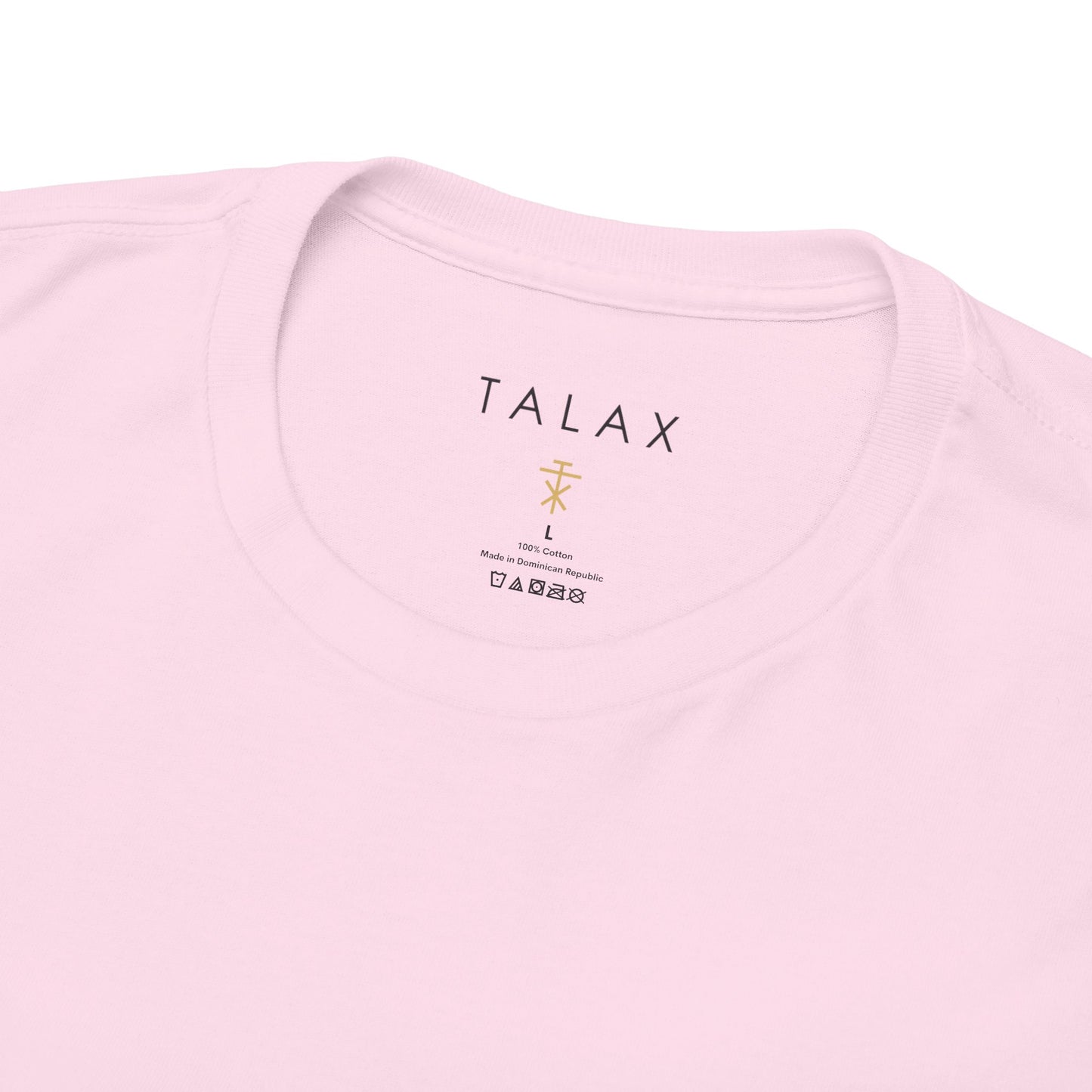 Close-up of TALAX neckline tag and sleeve print detail