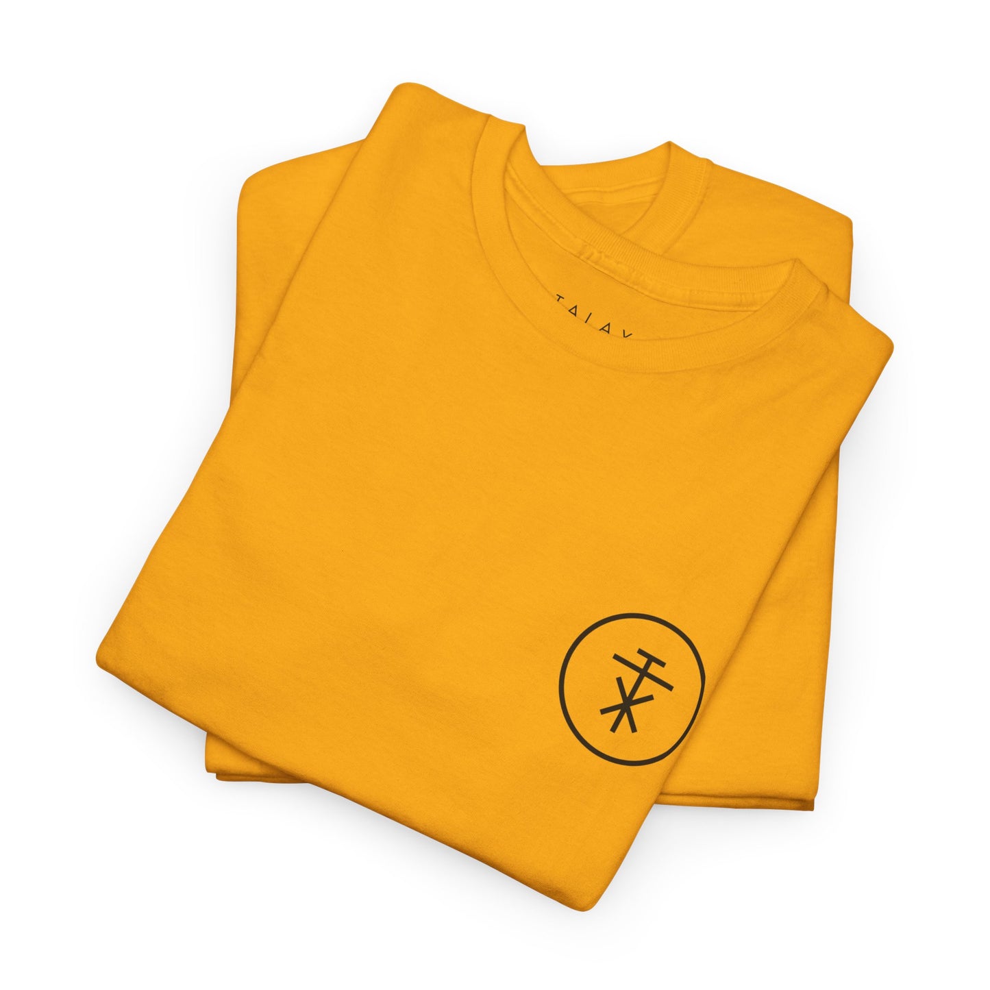 Folded TALAX yellow tees showing front and sleeve logo prints