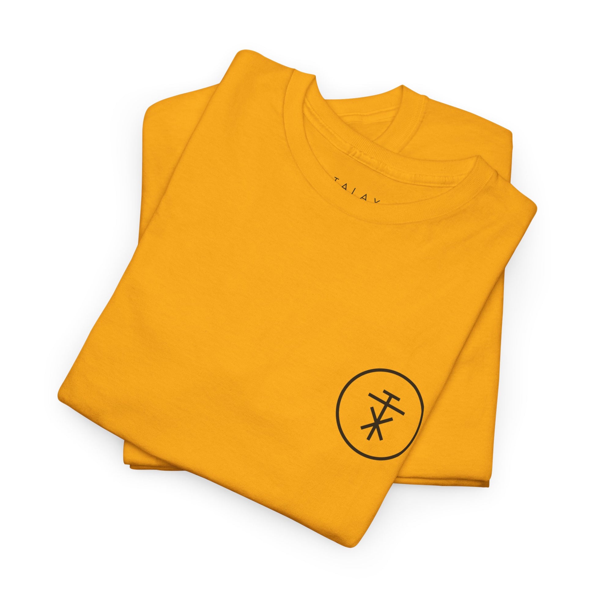 Folded TALAX yellow tees showing front and sleeve logo prints