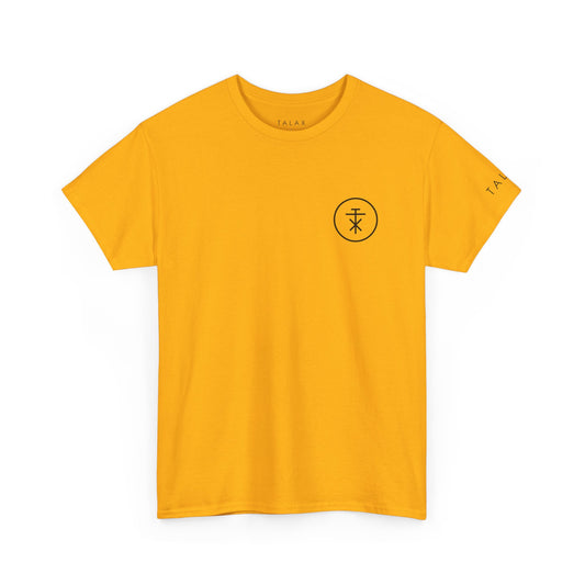 Front view of TALAX Emblem Circle Tee in yellow with small black insignia