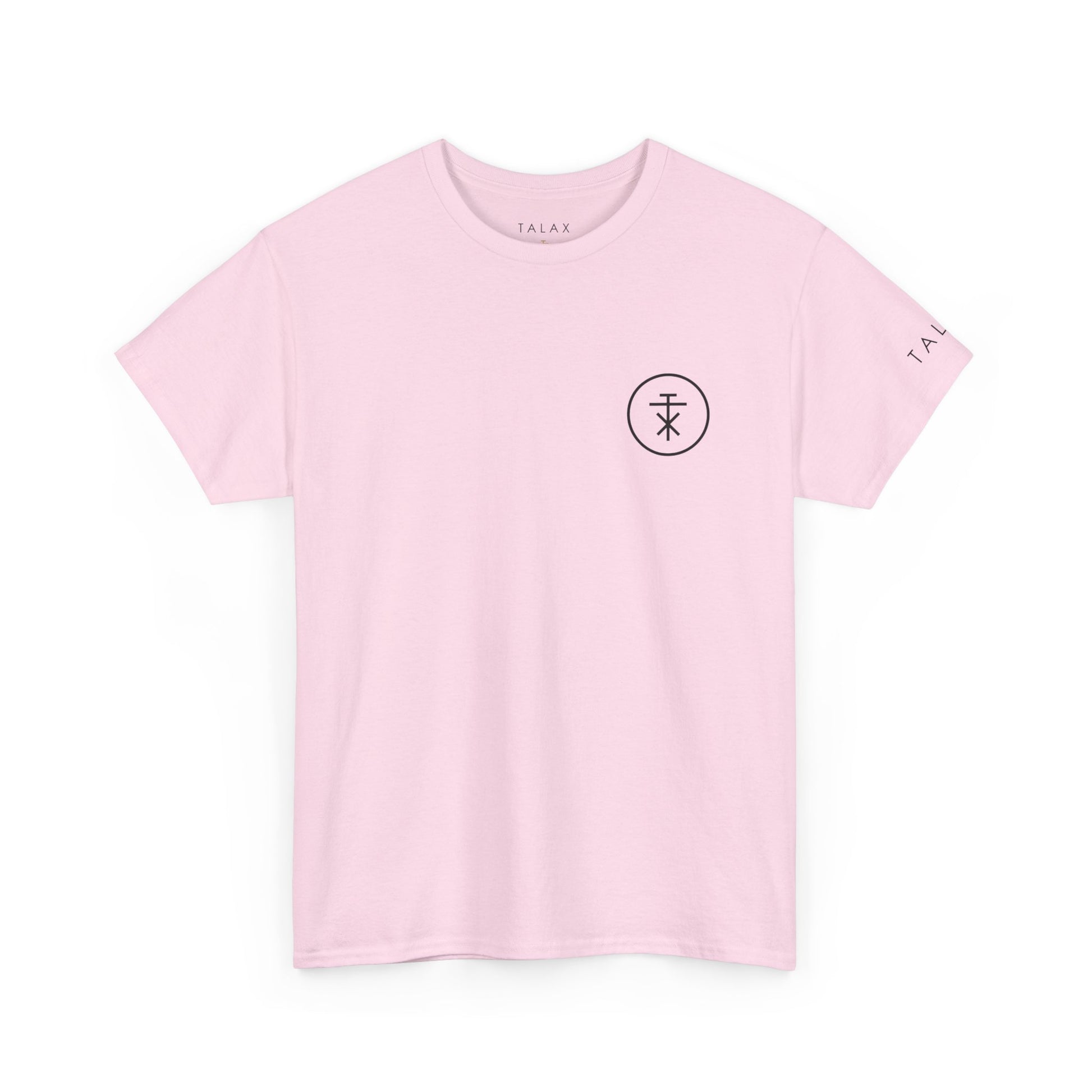 Front view of soft pink TALAX Emblem Circle Tee with small chest insignia