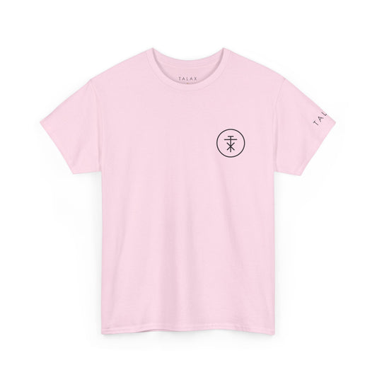 Front view of soft pink TALAX Emblem Circle Tee with small chest insignia