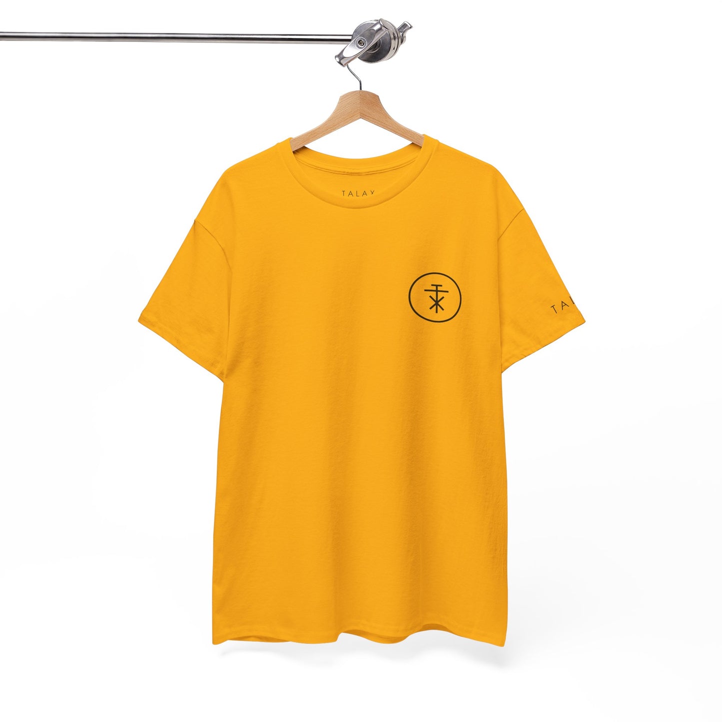 TALAX yellow tee on hanger, front view