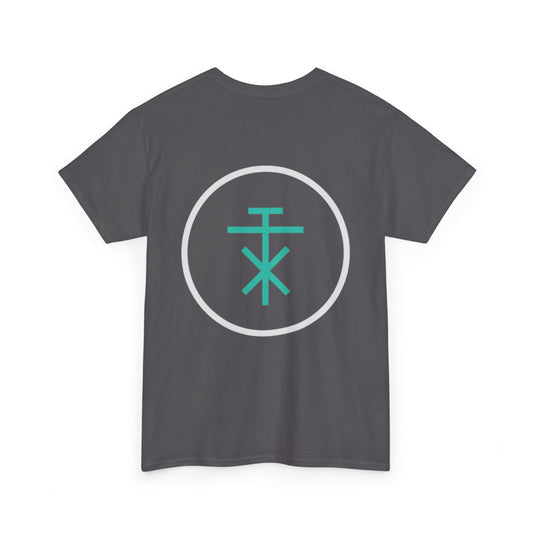 Back view of charcoal TALAX T-shirt showing large teal emblem inside circle