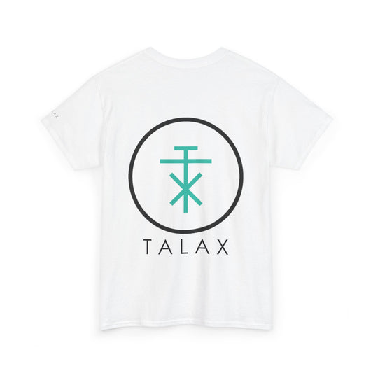 Back view of white TALAX T-shirt featuring large teal emblem and TALAX text